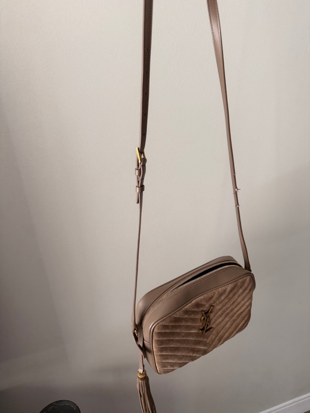 Saint Laurent Taupe Suede Quilted Crossbody with Gold YSL - Picture 2 of 9